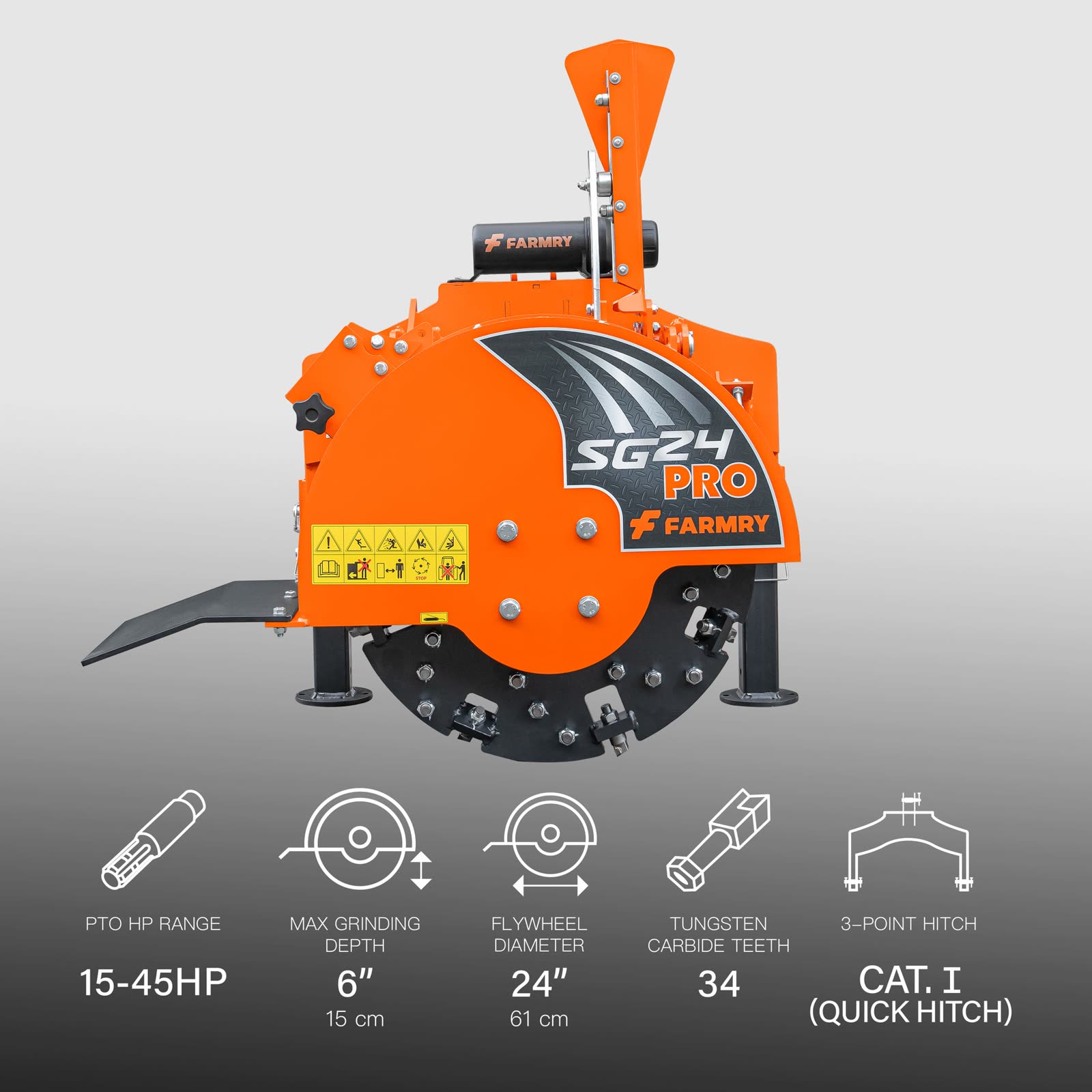 SG24Pro stump grinder in orange, three-quarter view